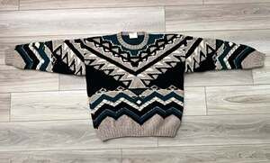 Vintage ACA Hand Knit 100% Wool Sweater Southwestern Chunky Black Teal Oatmeal L